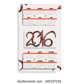 vertical color calendar 2016 hand painted in the style of zentangle and Doodle