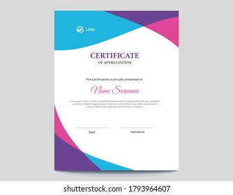 Vertical colored blue, pink and purple waves certificate design