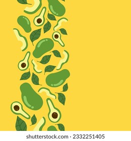 vertical colorful avocado fruit with leaf concept seamless pattern on yellow background. vector abstract illustration.