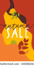 Vertical colorful background with abstract layers, paper cut waves, hand drawn fall leaves. Autumn vector background design layout for banners, presentations, flyers, posters, wallpaper