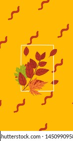 Vertical colorful background with abstract layers, paper cut waves, hand drawn fall leaves. Autumn vector background design layout for banners, presentations, flyers, posters, wallpaper