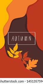 Vertical colorful background with abstract layers, paper cut waves, hand drawn fall leaves. Autumn vector background design layout for banners, presentations, flyers, posters, wallpaper