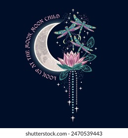 Vertical colorful celestial composition, label with lotus flower, flying fantasy dragonflies, moon crescent, stars, text. Mysterious, mystical concept. Vintage style.