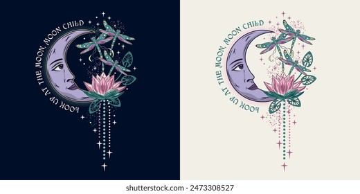 Vertical colorful celestial composition, label with lotus flower, flying fantasy dragonflies, moon crescent with face, stars, text. Mysterious, mystical concept. Vintage style.