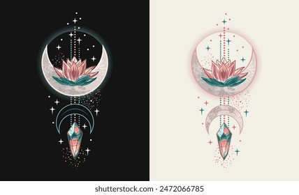 Vertikale bunte Himmelskomposition mit Lotusblüte, magisch leuchtendem Kristall, Mondsichel, Sternen. Mysteriöses, mystisches Konzept für Meditation, klares Bewusstsein. Klassischer Stil.