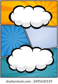 vertical colorful comic book, pop art cartoon layout template halftone dotted background with blank space for add your text vector illustration