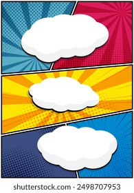 vertikales buntes Comic-Buch, Pop-Art-Cartoon-Layout-Vorlage halbton gepunkteten Hintergrund mit Leerraum für Ihren Text hinzufügen, Vektorgrafik