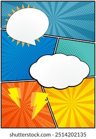 Vertical de cómic colorido, diseño de dibujos animados de arte pop Plantilla de medio tono de fondo salpicado con espacio en blanco para agregar su Ilustración vectorial de texto