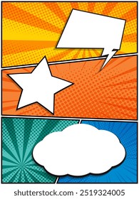 Vertical de cómic colorido, diseño de dibujos animados de arte pop Plantilla de medio tono de fondo salpicado con espacio en blanco para agregar su Ilustración vectorial de texto