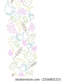 vertical colorful doodle line Dango dessert with Japen tea and Sakura flower concept seamless pattern on white background. vector abstract illustration.