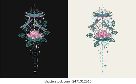 Vertical colorful fantasy composition with lotus flower, flying fantasy dragonflies, dragonfly pixie, faerie, stars. Mysterious, mystical concept. Vintage style.