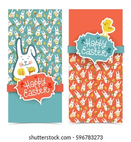 Vertical colorful happy easter banners with cute rabbits chicks carrots eggs flowers and ribbons isolated on white background doodle vector illustration