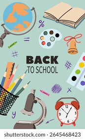 Vertical colorful poster with hand drawn school supplies randomly placed and school is cool text on clear blue background. Modern vector concept illustration.