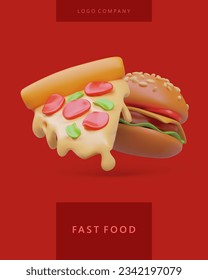 Vertical colorful poster with tasty food for online store. 3d realistic burger and slice of pizza with pepperoni. Vector illustration with red background and place for text and logo