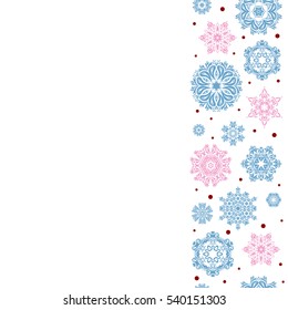 Vertical colorful seamless pattern on white background with copy space (place for your text). Winter vector frame with arabesques, doodles and blue, red and pink snowflakes. Fine greeting card.
