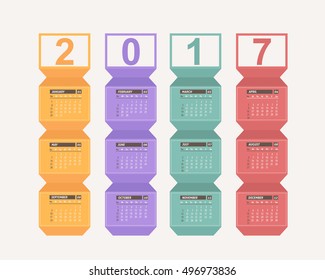 Vertical Colorful Style 2017 Full Calendar, Background Design. Week Starts Sunday