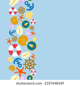 vertical colorful summer beach and marine concept seamless pattern on blue background. vector abstract illustration. 