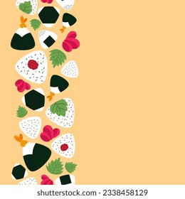 colorido vertical Diversos tipos de Onigiri con el concepto de jengibre encerado y Shiso verde sin fisuras sobre fondo blanco. ilustración vectorial abstracta.
