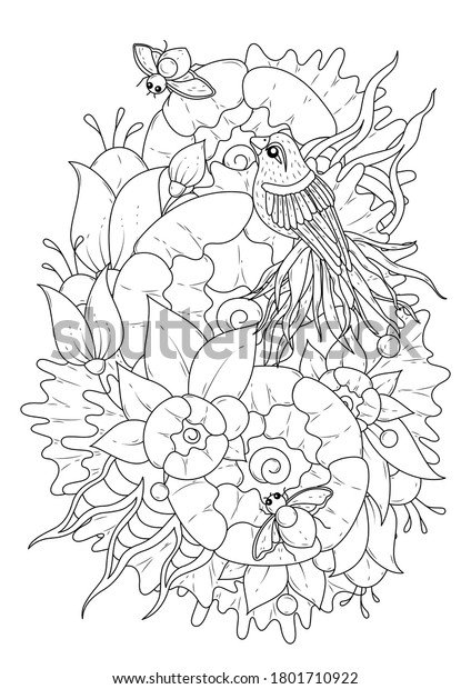 Vertical Coloring Page Flowers Bird Beetles Stock Vector (Royalty Free ...