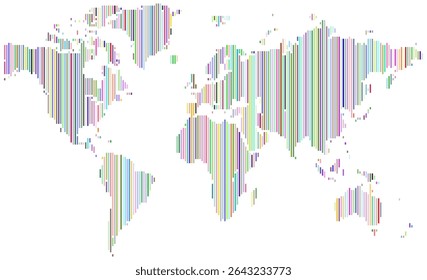 Vertical colourful line shape world map covering global regions