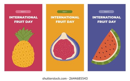 Vertical colorido moderno conjunto de histórias modelo para o Dia Internacional da Fruta com clipart de desenho animado com frutas suculentas exóticas. Banner conceito saudação com abacaxi, figo, melancia para as mídias sociais.
