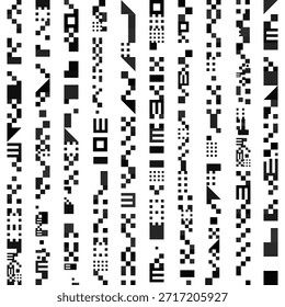 Columnas de Vertical de glifos pixelados negros y símbolos geométricos abstractos dispuestos sobre un fondo blanco liso que se asemejan a código digital o flujos de datos