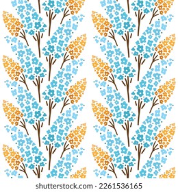 Vertical columns of flower clusters. Small blue and yellow flowers. Seamless vector image.