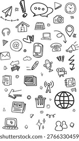 Vertical communication doodle background featuring world map, smartphone, megaphone, and computer icons in a hand-drawn style.