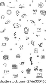 Vertical communication doodle background featuring world map, smartphone, megaphone, and computer icons in a hand-drawn style.