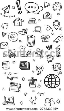 Vertical communication doodle background featuring world map, smartphone, megaphone, and computer icons in a hand-drawn style.