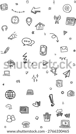 Vertical communication doodle background featuring world map, smartphone, megaphone, and computer icons in a hand-drawn style.
