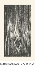 Una composición de Vertical de líneas densas de grano de madera y un nudo central, renderizado en un estilo de impresión en blanco y negro arenoso.