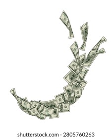 Vertical composition of dynamic wave made from flying up one hundred dollar bills. Concept of cash flow, financial success. Color design element on transparent background