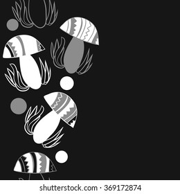 Vertical composition of floral  pattern, doodles,leaves,stylized mushrooms,zigzag,spots, hole, seamless  . Hand drawn.
