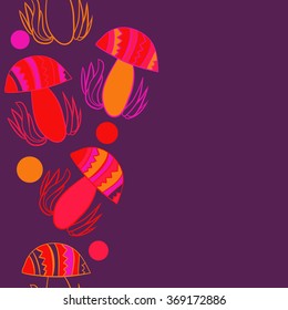 Vertical composition of floral  pattern, doodles,leaves,stylized mushrooms,zigzag,spots, hole, seamless  . Hand drawn.