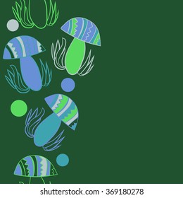Vertical composition of floral  pattern, doodles,leaves,stylized mushrooms,zigzag,spots, hole, seamless  . Hand drawn.