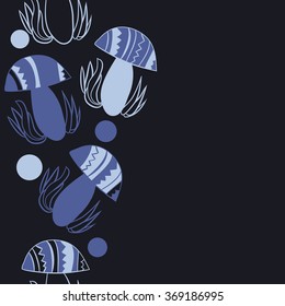 Vertical composition of floral  pattern, doodles,leaves,stylized mushrooms,zigzag,spots, hole, seamless  . Hand drawn.