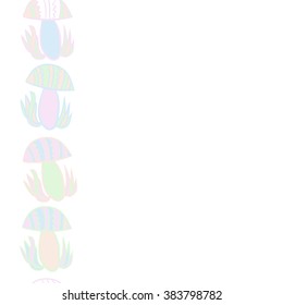 Vertical composition of floral  pattern, doodles,leaves,stylized mushrooms,zigzag,spots, hole, copy space, seamless  . Hand drawn.