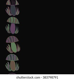 Vertical composition of floral  pattern, doodles,leaves,stylized mushrooms,zigzag,spots, hole, copy space, seamless  . Hand drawn.