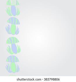 Vertical composition of floral  pattern, doodles,leaves,stylized mushrooms,zigzag,spots, hole, copy space  . Hand drawn.