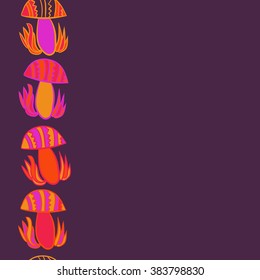 Vertical composition of floral  pattern, doodles,leaves,stylized mushrooms,zigzag,spots, hole, copy space, seamless  . Hand drawn.