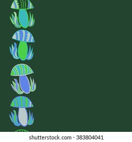 Vertical composition of floral  pattern, doodles,leaves,stylized mushrooms,zigzag,spots, hole, copy space, seamless  . Hand drawn.