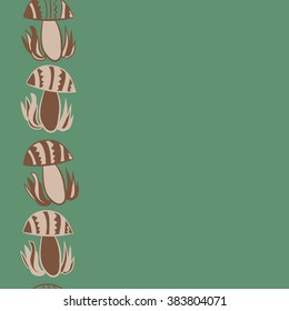 Vertical composition of floral  pattern, doodles,leaves,stylized mushrooms,zigzag,spots, hole, copy space, seamless  . Hand drawn.