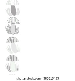 Vertical composition of floral  pattern, doodles,leaves,stylized mushrooms,zigzag,spots, hole, copy space, seamless  . Hand drawn.