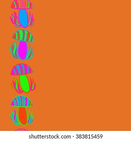 Vertical composition of floral  pattern, doodles,leaves,stylized mushrooms,zigzag,spots, hole, copy space, seamless  . Hand drawn.
