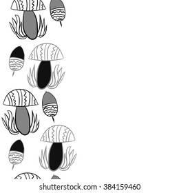 Vertical composition of floral  pattern, doodles,leaves,stylized mushrooms,zigzag,spots, hole, acorn, copy space, seamless  . Hand drawn.