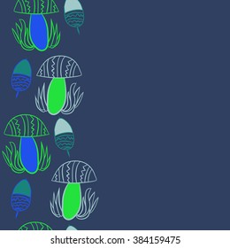Vertical composition of floral  pattern, doodles,leaves,stylized mushrooms,zigzag,spots, hole, acorn, copy space, seamless  . Hand drawn.