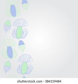 Vertical composition of floral  pattern, doodles,leaves,stylized mushrooms,zigzag,spots, hole, acorn, copy space . Hand drawn.