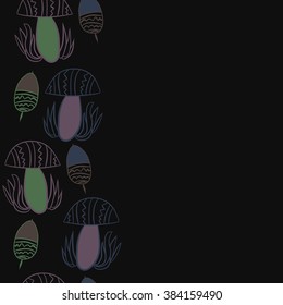 Vertical composition of floral  pattern, doodles,leaves,stylized mushrooms,zigzag,spots, hole, acorn, copy space, seamless  . Hand drawn.