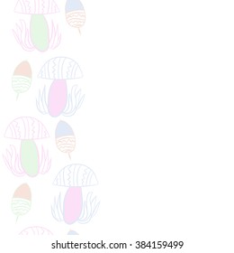 Vertical composition of floral  pattern, doodles,leaves,stylized mushrooms,zigzag,spots, hole, acorn, copy space, seamless  . Hand drawn.